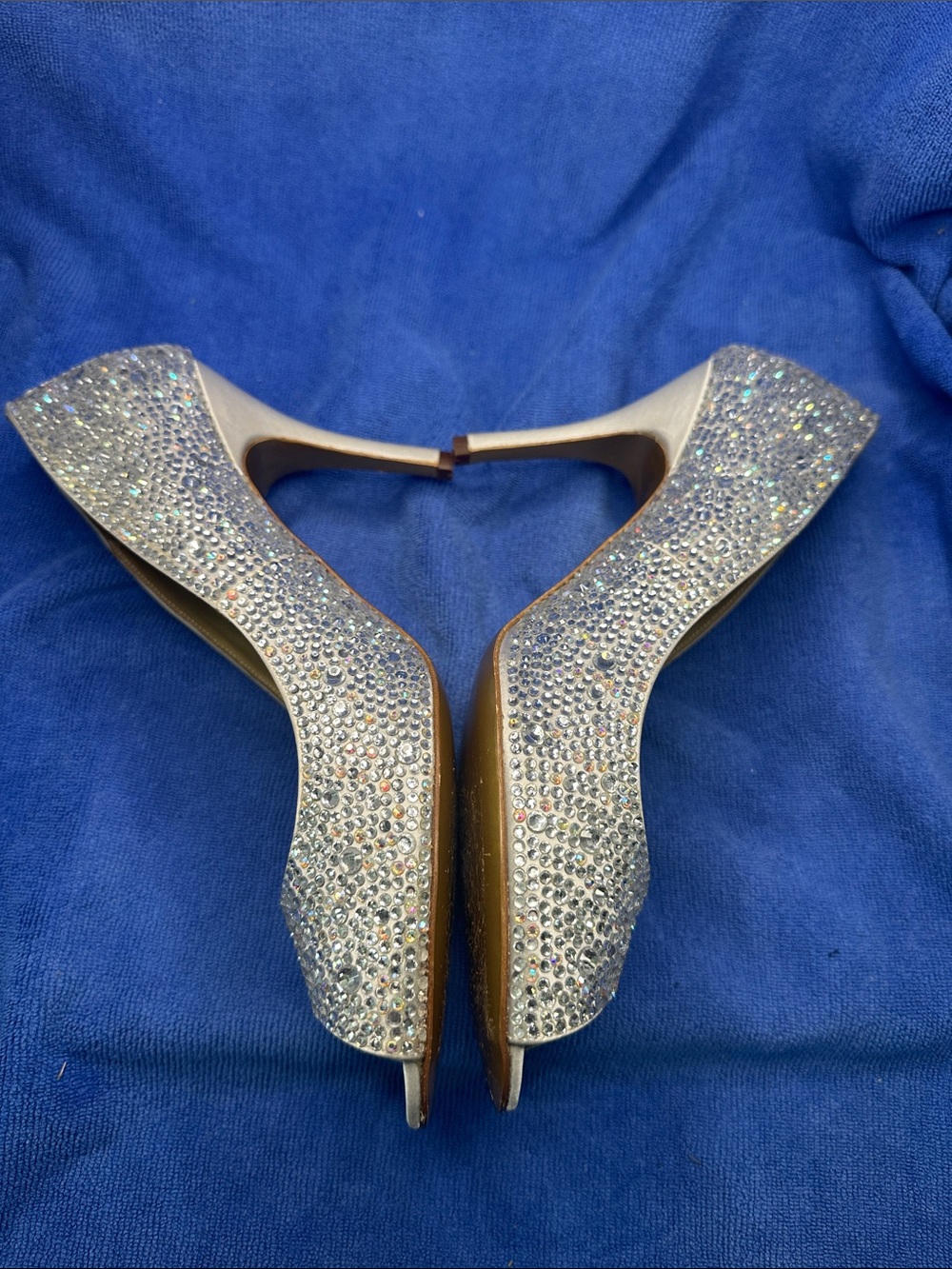 Benjamin Adam’s Silver silk / Crystal Peep-Toe Heels - - Picture 5 of 14
